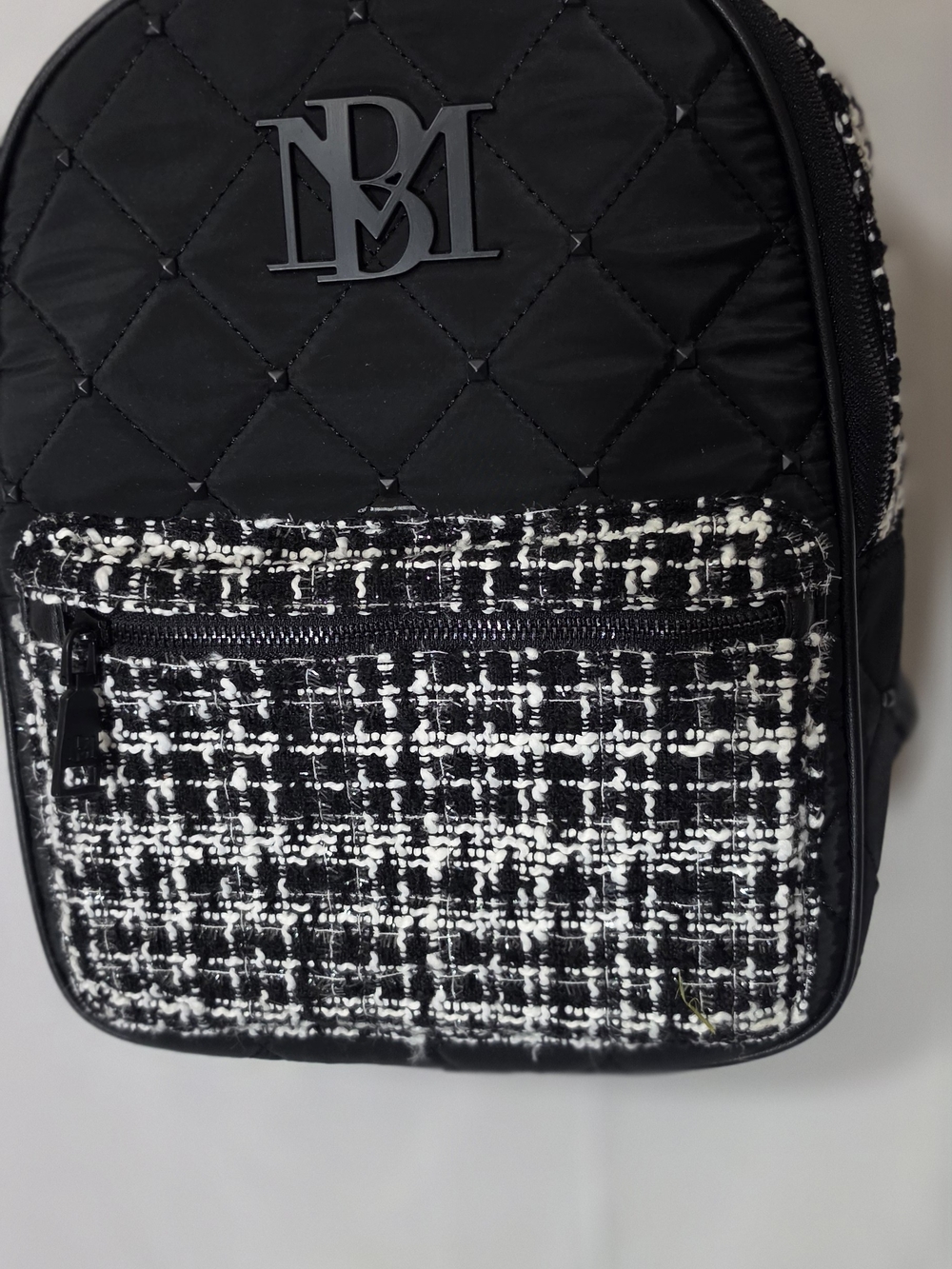 Badgley Mischka Black Quilted Backpack with Black-and-White Tweed Pocket